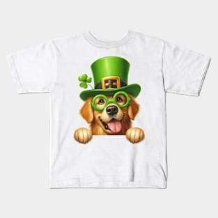 St Patricks Day Peeking Golden Retriever Dog Kids T-Shirt